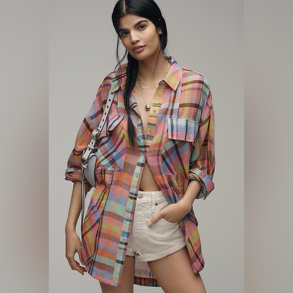NWT Pilcro XXS/XS Long-Sleeve Mixed Madras Plaid Oversized Buttondown Shirt - Picture 1 of 15